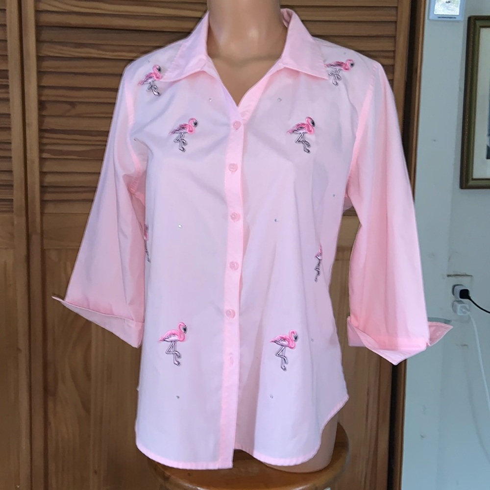 FLAMINGOS ALL OVER! 3/4 sleeve button down shirt with crystals pink large R&B
